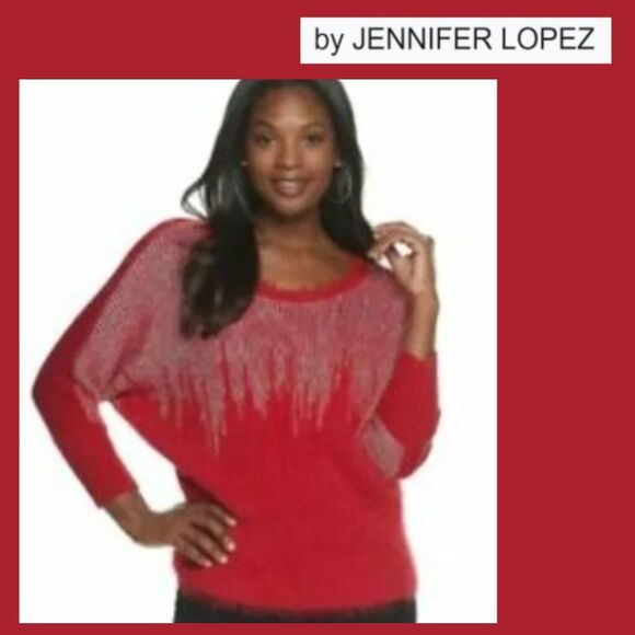 Jennifer Lopez Red and Metalic Silver Fuzzy Sweater - Picture 1 of 10